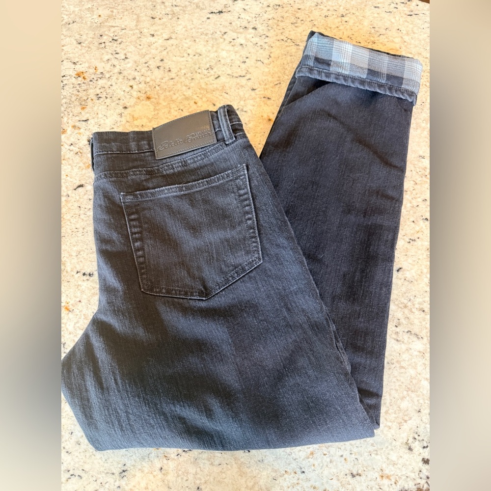 Eddie Bauer Men's Straight Fit Jeans in Black with grey plaid flannel lining